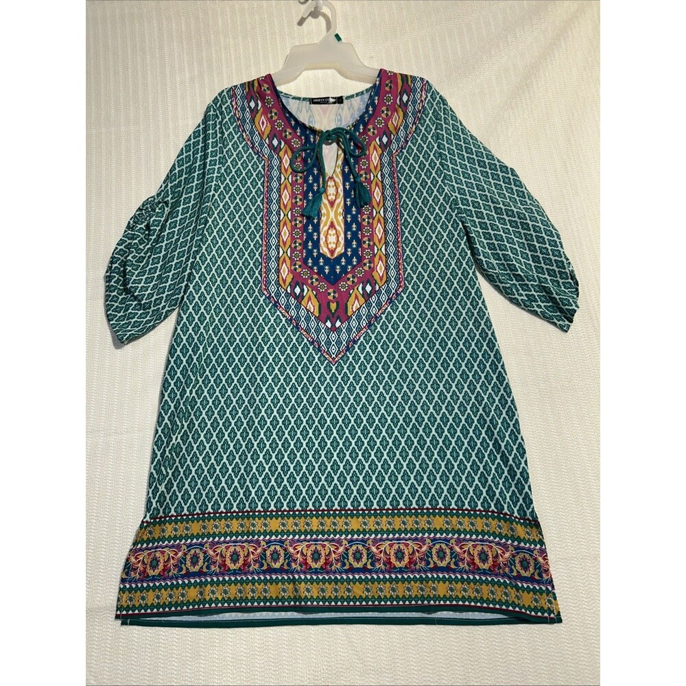 Urban Coco Womens Dress Sz L Blue Green Geometric Ruched Sleeves Peasant